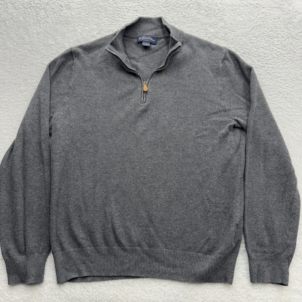 Brooks Brothers Mens Grey Cotton‎ Cashmere Quarter Zip Sweater Large Textured L